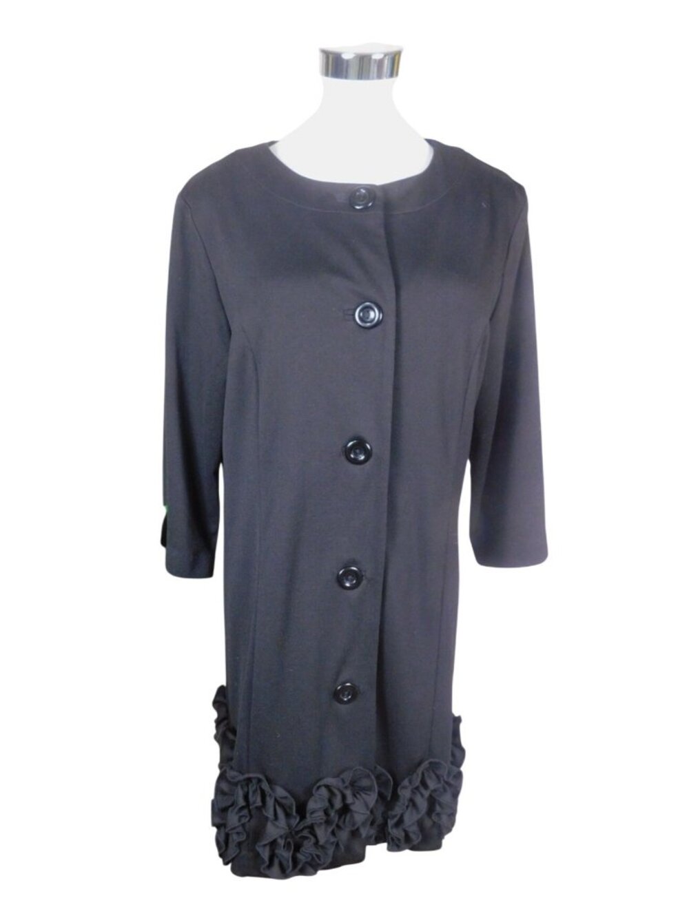 Appraisal Black Ruffle Hem Button-Front Coat Medium 3/4 Sleeve Polyester Blend